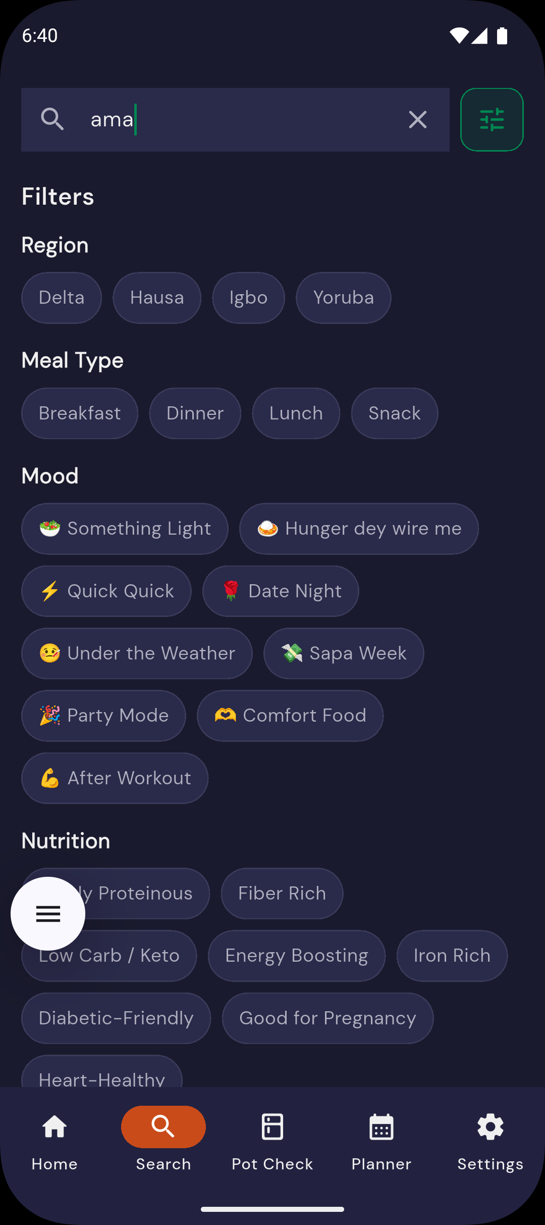 Ounje search and filter